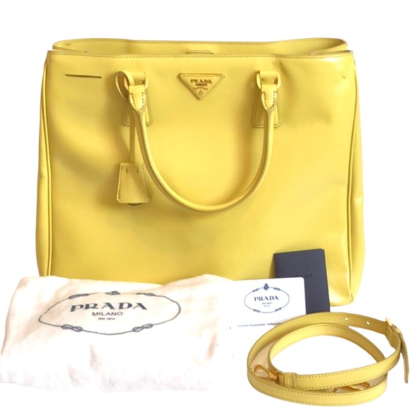Prada Handbags - Prada Yellow Saffiano Vernice Tote Ananas